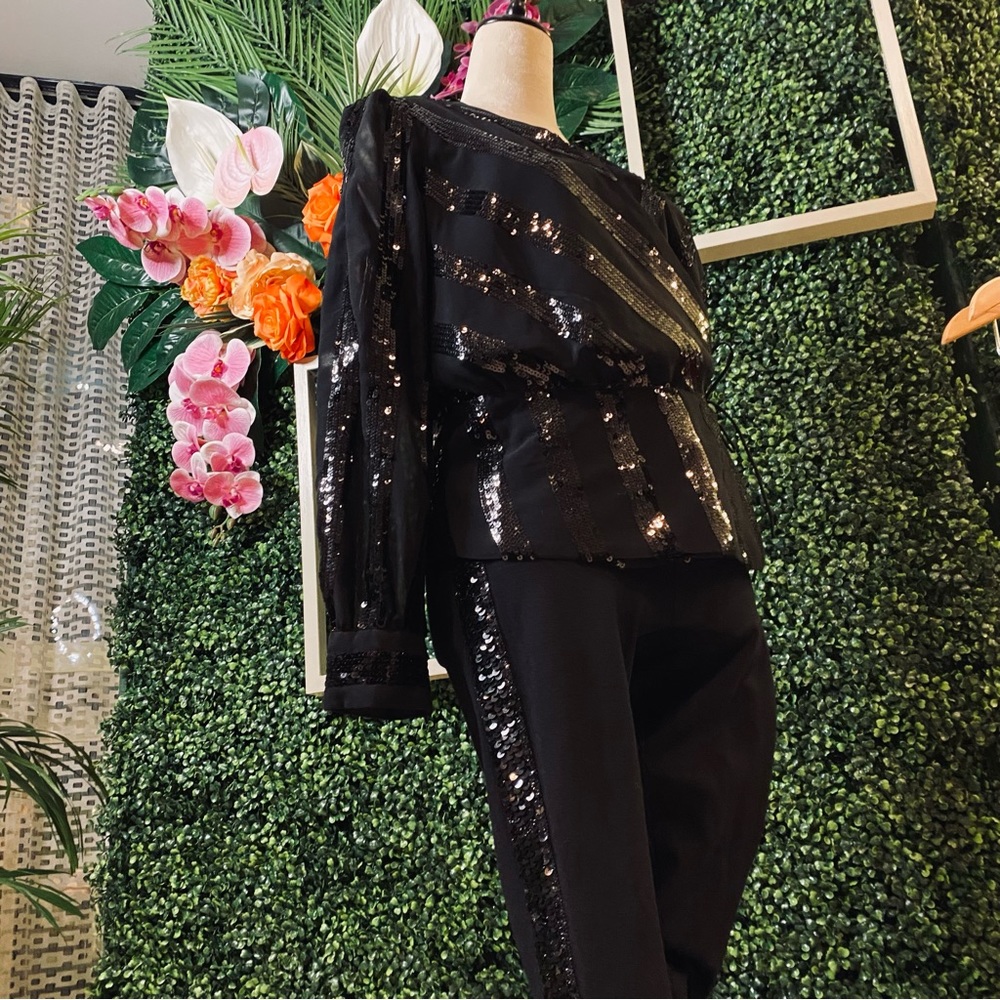 INC Black Sequins Jacket Sz M Pull on Pants Sz S